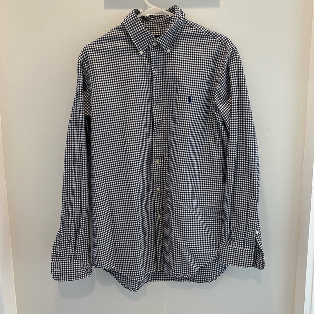 Men’s Polo Ralph Lauren button down dress shirt. Navy blue and white check